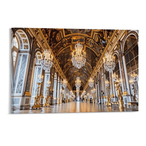 Potopok Wood Framed Decorative Art With Frame, Versailles Palace Hall Of Mirrors Canvas Print, Vintage Aesthetic Mirror Gallery Home Decor For Living Room,2416
