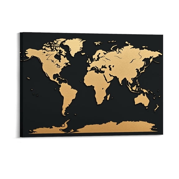 Potopok World Map Black And Gold Wall Art, Wood Framed Vintage Nautical Canvas Painting With Frame, Retro Home Decor For Office Living Room,16x12