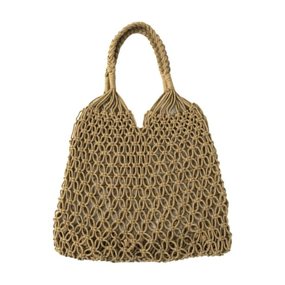 Potrochi Mesh Beach Tote, Handmade Straw Bag Travel Beach Fishing Net Handbag Shopping Woven Shoulder Bag for Women, Cotton Rope Travel Beach Fishing Net Handbag, Holiday Beach Bag Trendy Mesh Bag