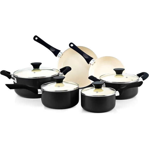 Pots Ad Pas Set ostick, 10 count Ceramic ware Sets, Kitche o ig Set With Saucepas, Fryig Pas, Dutch Ove Pot With , Black