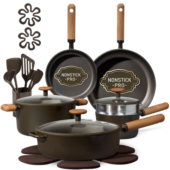Pots And Pans Set Non Stick  21pcs Cookware With Strainer Lid Induction Cooking Kitchen Utensils Dark Green