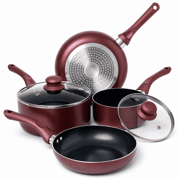 Pots And Pans Set Nonstick 6-piece Induction Cookware | Burgundy Kitchen With Gllids Stay-cool Handles Frying Saucepan For Gas El