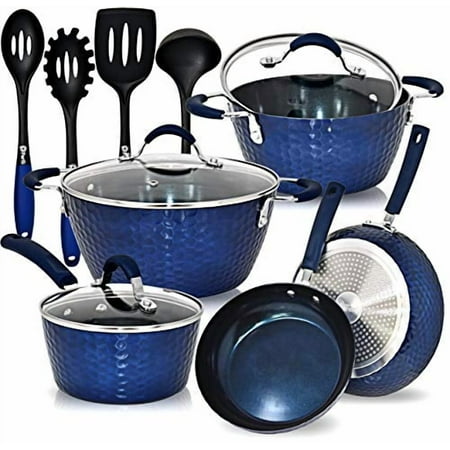 Pots and Pans 12 Piece Set, Ceramic Nonstick Induction Ready Cookware Kitchen Set with Hammered Finish, Frying Pans, Dutch Oven Posts with Lids, Sauce Pan with Lid, and 4 Cooking Utensils by PERLLI