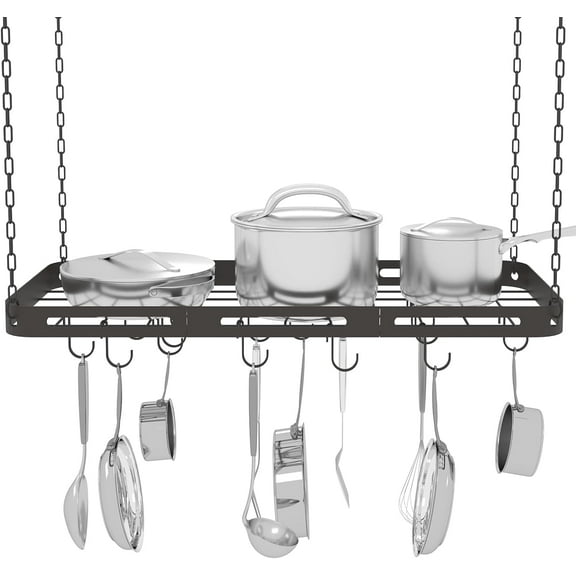 Pots and Pans Hanging Rack, Hanging Pot Rack Ceiling Mount with Hooks, Heavy-duty Metal Square Kitchen Ceiling Pot Rack, Pot and Pan Hanger for Kitchen Cookware Utensils