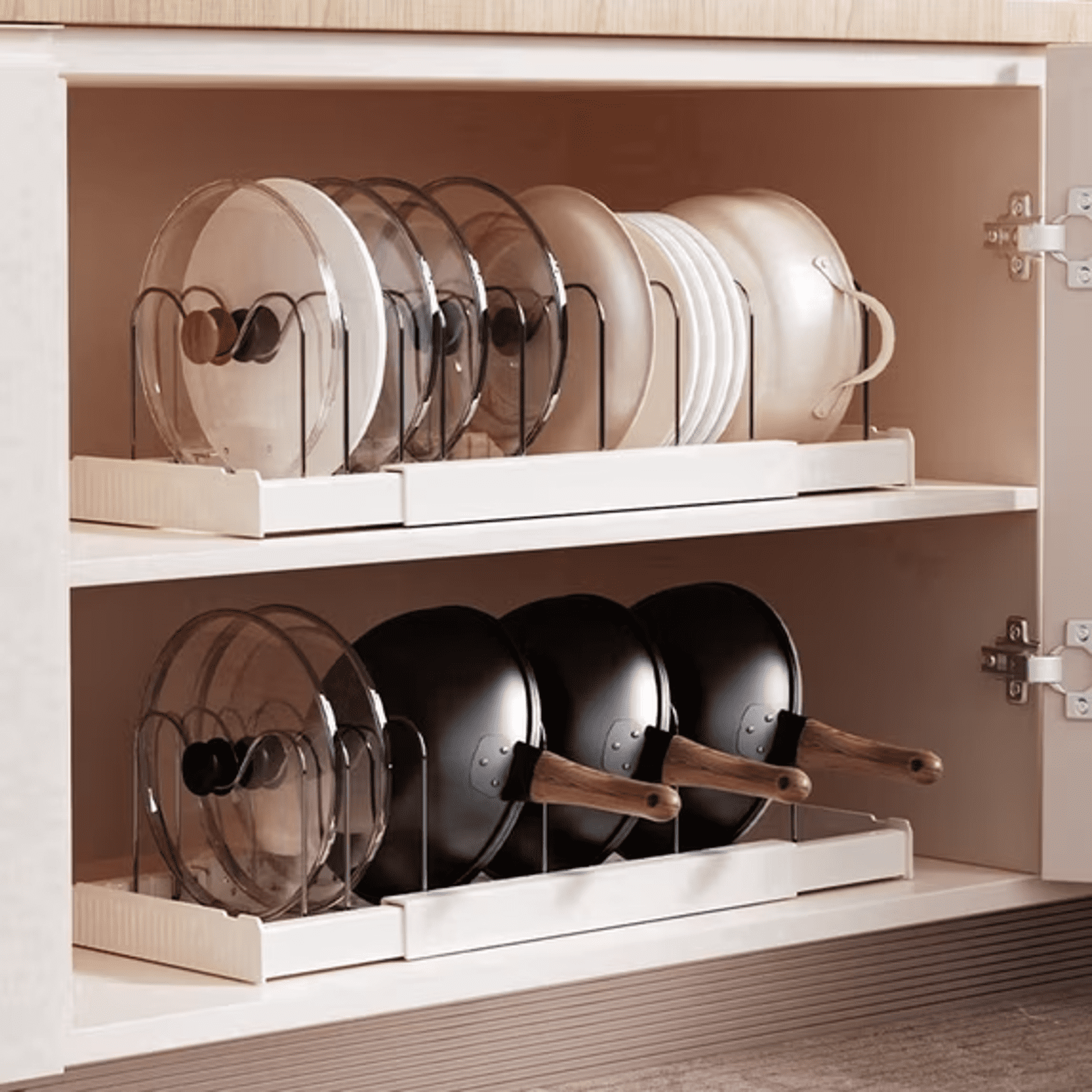 Pot & Pan Rack PLERISE 2-Pack Expandable Pot and Pan Lid Organizer, 22 Inch Under ...