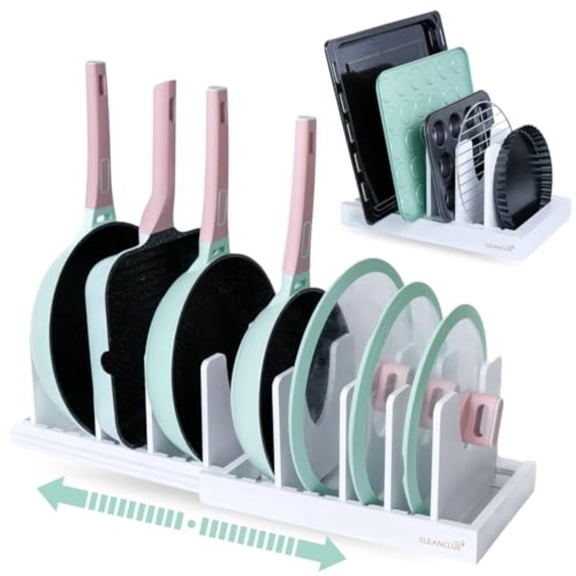 Pots and Pans Organizer under Cabinet Bamboo Expandable Bakeware and Cutting Board Organizers Adjustable Pot Lids Holder Rack Cookie Sheet Baking Pan Tray Organizer for Kitchen Storage White