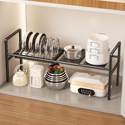 Pots and Pans Organizer Under Cabinet, Expandable 1 Tier Under Sink Organizers and Storage Adjustable Height Kitchen Pot and Pan Lid Holder Rack with 6 Dividers Under Cabinet Shelf(Black)