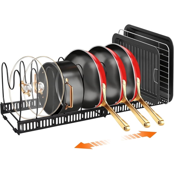 Pots and Pans Organizer for Under Cabinet, Expandable 11.81''-22.85'' Kitchen Organizer with 13 Adjustable Compartments, Pot Lid Pan Rack for Cabinet Drawer Countertop, Bakeware Cutting Board
