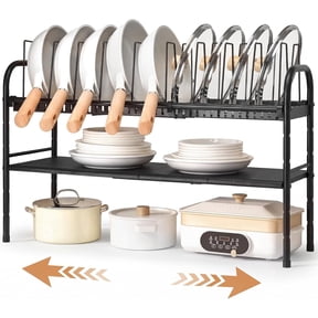 Pots and Pans Organizer Under Cabinet, Expandable 2-Tier Pots and Pans Lid Storage Rack Holder with 10 Dividers, Adjustable Height Under Sink Organizer