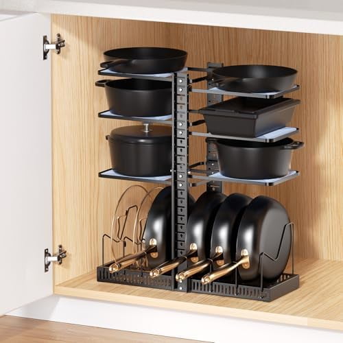 Pots and Pans Organizer under Cabinet, Expandable to 24" H Pan Organizers inside Cabinet for Kitchen Storage, 6 Adjustable Tiers and 6 Pot Lid Organizer Racks, Holds 12 Cast Iron Cookware Black