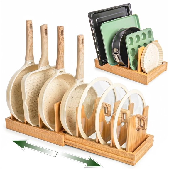 Pots and Pans Organizer under Cabinet, Expandable Bakeware and Board Organizers, Adjustable Pot Holder Rack, Sheet, Pan, Tray Organizer for Kitchen Storage Organization
