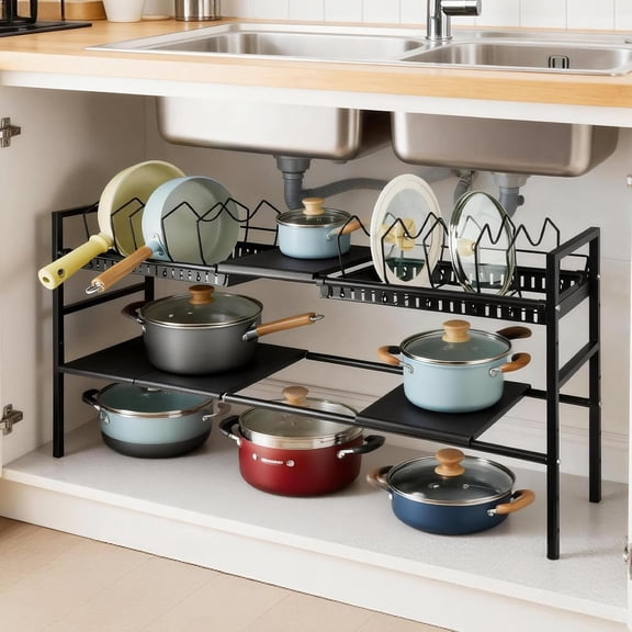 Pots and Pans Organizer Under Cabinet, Expandable Length, Adjustable Height Under Sink Shelf 2 Tier with 5 Dividers Under Cabinet Shelf, Metal Frame for Bathroom Kitchen Pantry Cabinet (Black)