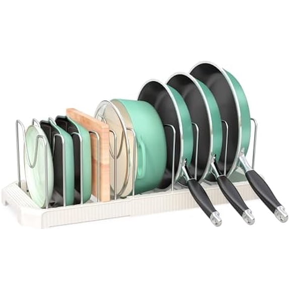 Pots and Pans Organizer for under Cabinet, Pan Pot Organizers inside Cabinet, Expandable Organizer with 10 Adjustable Dividers for Cookie Sheets, Cutting Boards, Pot Lids, Cookware - Frying Pan Rack