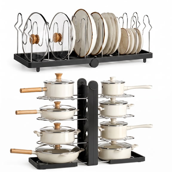 Pots and Pans Organizer, Multi-Layer Thickened Foldable Cookware Rack, Dual Use Horizontal & Vertical Placement, for Kitchen Cabinet & Countertop, Black