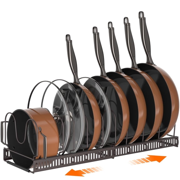 Pots and Pans Organizer Rack for under Cabinet, Expandable Pot Lid Kitchen Cabinet Organizer Holder with 10 Adjustable Compartment Cutting Board Organizer for Pan Lid Cookie Sheet Rack, Bronze
