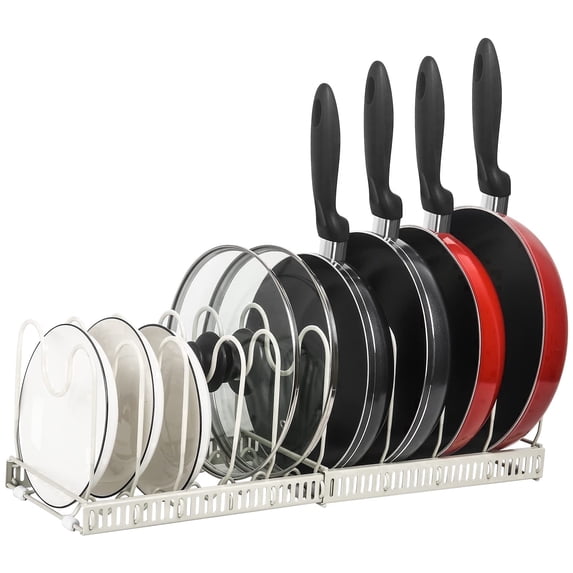 NUBILY Pots and Pans Organizer Rack, Expandable Cabinet Organizer, 7 Adjustable Compartments, Carbon Steel for Lids, Cutting Boards & Bakeware, White
