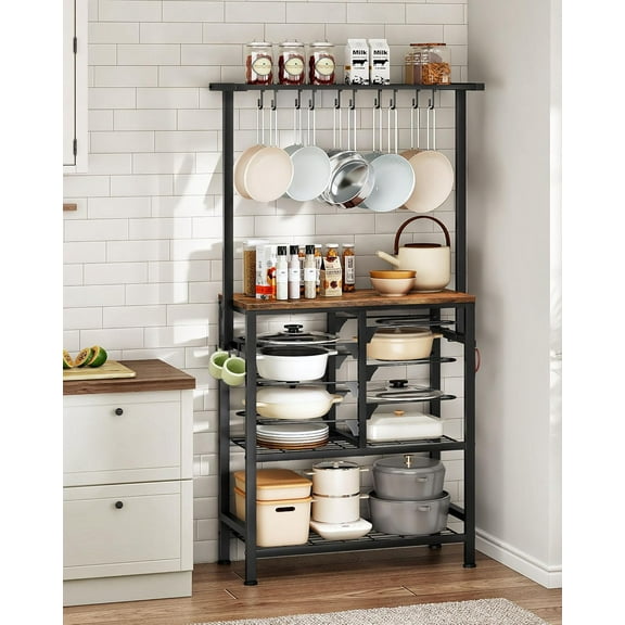 Pots and Pans Organizer Rack, Kitchen Bakers Rack, Multi-Tier Storage Shelf, Kitchen Island Table, Cooking Rack with Pots and Pans Storage, Rustic Brown and Black TPR60BF