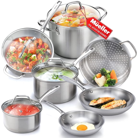 Pots and Pans Set 11-Piece, Ultra-Clad Pro Stainless Steel Cookware Set, Ergonomic and EverCool Stainless Steel Handle, Includes Saucepans, Skillets, Stockpot, Saute Pan, Steamer