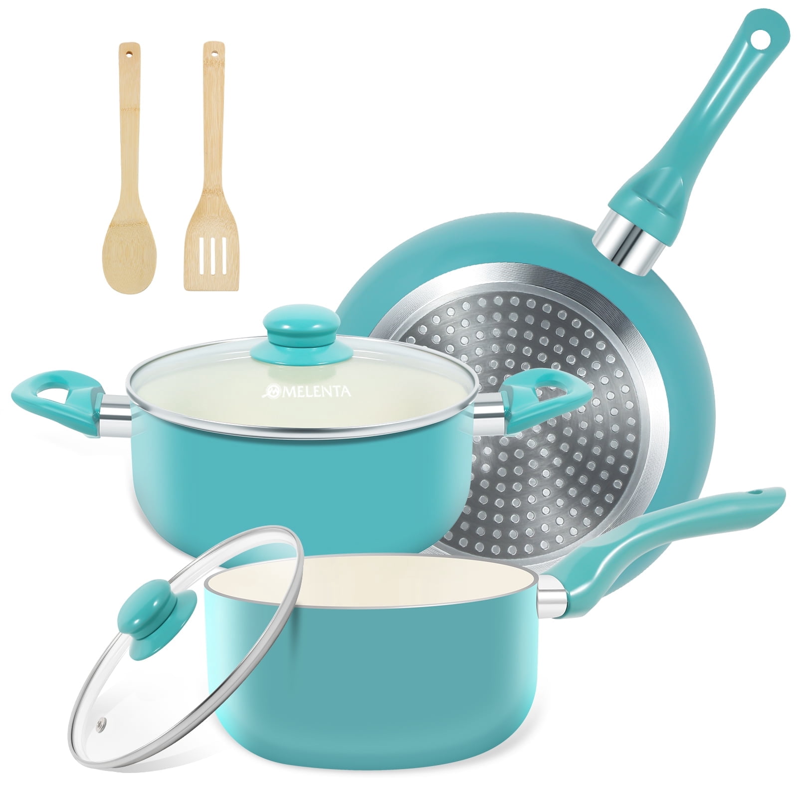 M MELENTA Pots and Pans Set, 7pcs Nonstick Ceramic Induction Kitchen Cookware Set, Non Stick Cooking Sets, Turquoise
