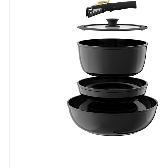 Pots and Pans Set Non Stick, Ceramic Cookware Set Detachable Handle, RV Camping Kitchen Cooking Set Removable Handles, Dishwasher/Oven/Fridge Safe, Induction, Space Saving,Black