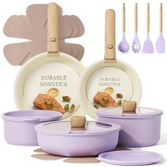 Pots and Pans Set Non Stick, Cookware Sets, 19pcs Kitchen Set, Oven/Fridge Safe, Space Saving Pots Set, Nonstick Set with Versatile Removable/Detachable Handle, Induction RV Set, Purple
