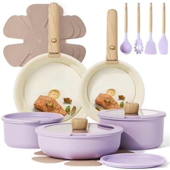 Pots and Pans Set Non Stick, Cookware Sets, 19pcs Kitchen Set, Oven/Fridge Safe, Space Saving Pots Set, Nonstick Set with Versatile Removable/Detachable Handle, Induction RV Set, Purple