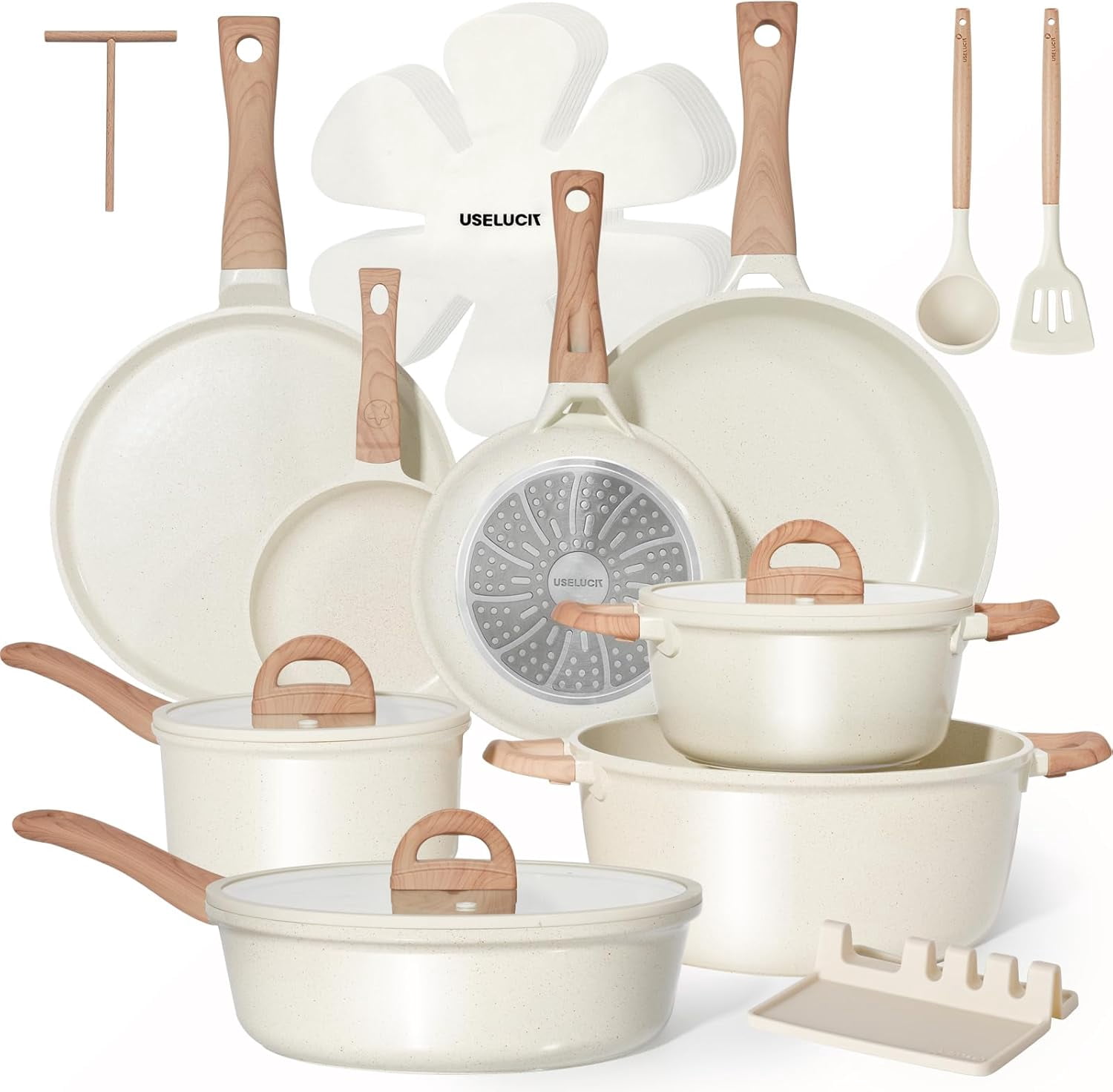 SODAY 7-Piece Nonstick Cookware Set - PFOA Free Pots And Pans, Granite Coating, Works On All Stovetops (White) - View #3