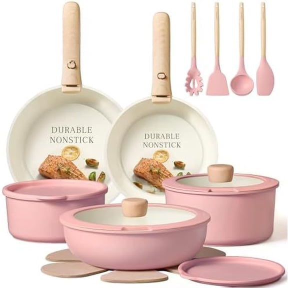 Pots and Pans Set, Nonstick Cookware Set Detachable Handle, 19pcs Induction Kitchen Cookware Sets Non Stick with Removable Handle, RV Cookware Set, Oven Safe, Pink