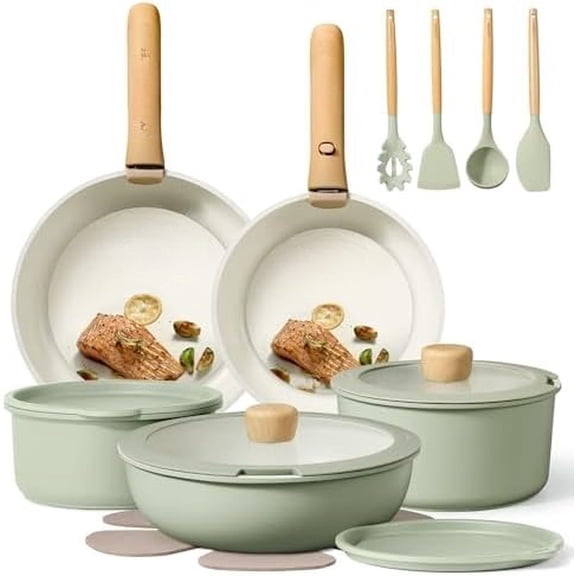 Pots and Pans Set, Nonstick Cookware Set Detachable Handle, 19pcs Induction Kitchen Cookware Sets Non Stick with Removable Handle, RV Cookware Set, Oven Safe, Sage Green