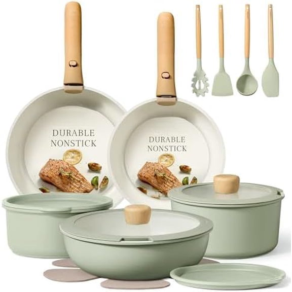 Pots and Pans Set, Nonstick Cookware Set Detachable Handle, 19pcs Induction Kitchen Cookware Sets Non Stick with Removable Handle, RV Cookware Set, Oven Safe, Sage Green