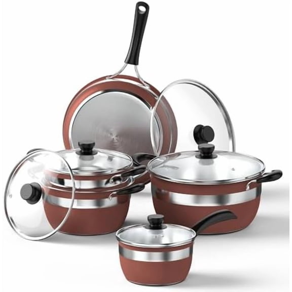 Pots and Pans Set Stainless Steel Cookware Set 10 Piece,Non Toxic Kitchen Induction Cookware Set,Kitchen Cooking Set with Tempered Glass lid & Stay-Cool Handle,Dishwasher Oven Safe,Stackable