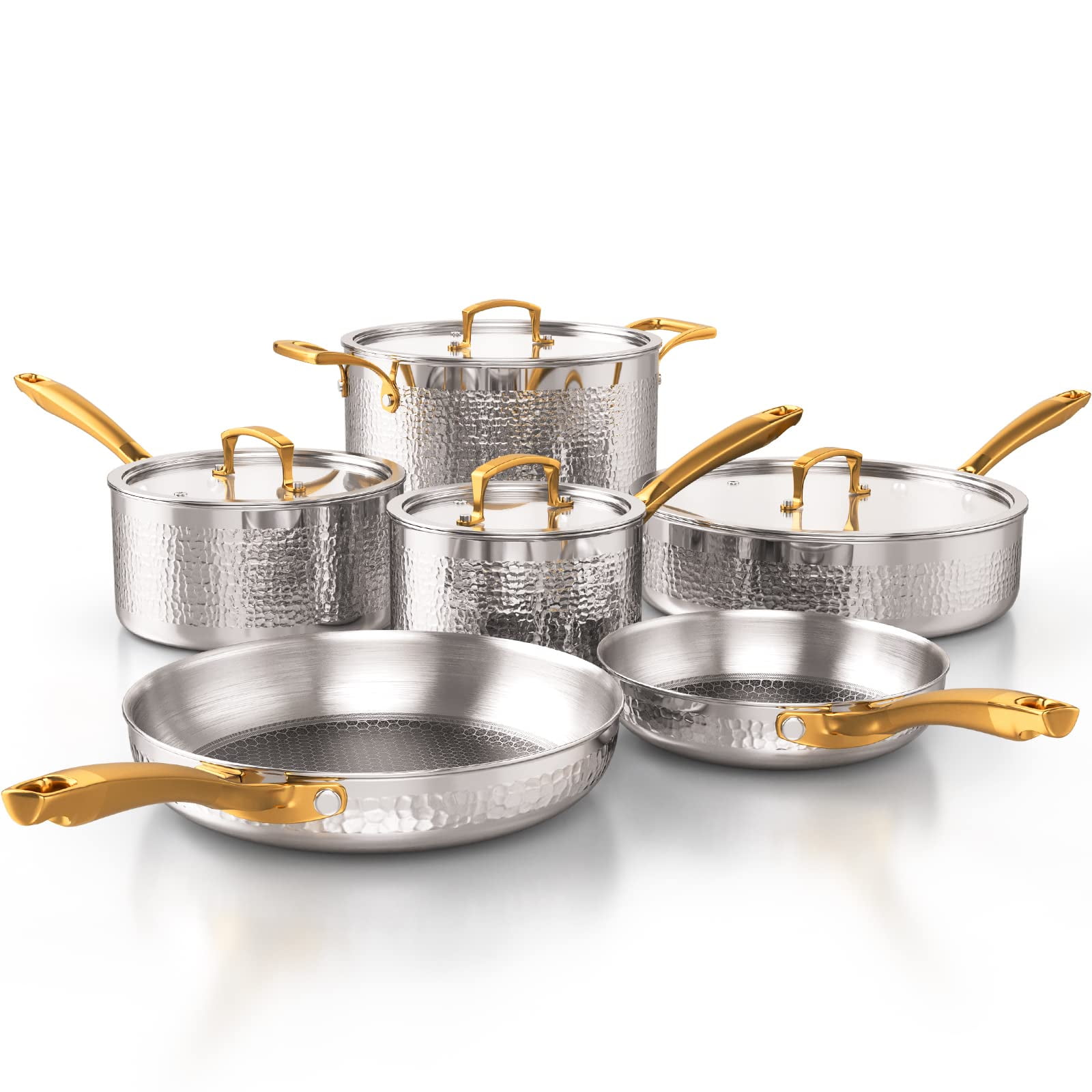 Pots and Pans Set, TriPly Stainless Steel Hammered Kitchen Cookware