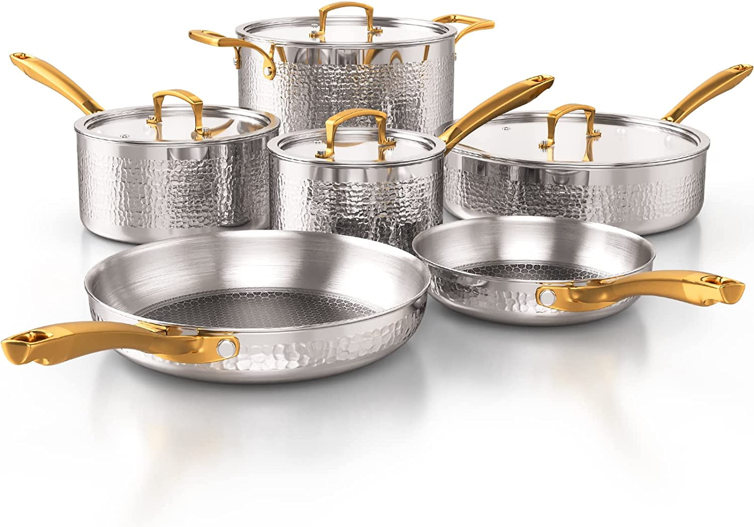 Pots and Pans Set, TriPly Stainless Steel Hammered Kitchen Cookware