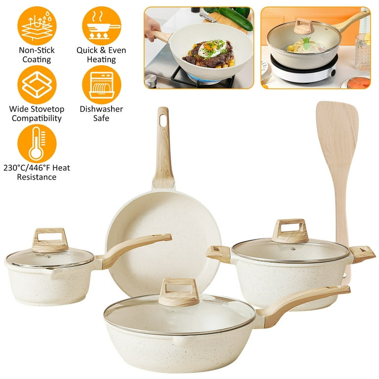 Pots and Pans Set Nonstick White Granite Induction Cookware Sets