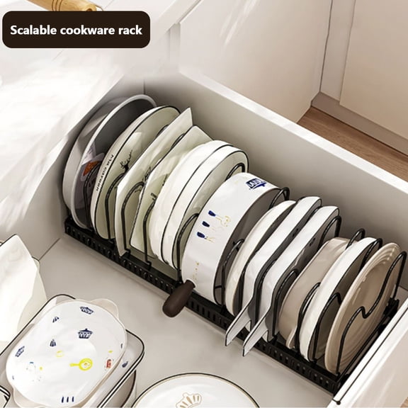 Pots and Pans Storage Rack, Under Cabinet Retractable Kitchen Cabinet Organizer, 13 Adjustable Dividers for Pots, Lids, Pans, Baking Sheets, Space-Saving Black