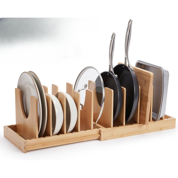 Pots and Pans Organizer Under Cabinet, Expandable Pot and Pan Rack Expandable , Split into 2 Organizers, Adjustable Dividers, Bamboo