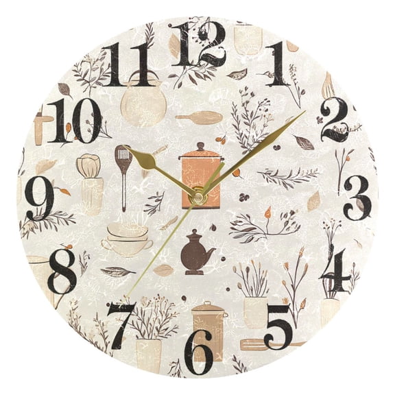 Pots and Pans Round Wall Clock Battery Operated Silent Non-Ticking Bedroom Office Kitchen Home School Decor 10"(Gold)