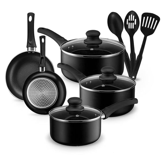 Pots and Pans Set, Aluminum Nonstick Cookware Set, Fry Pans, Casserole with Lid, Sauce Pan, and Utensils, 11 Piece Cooking Set (Black)
