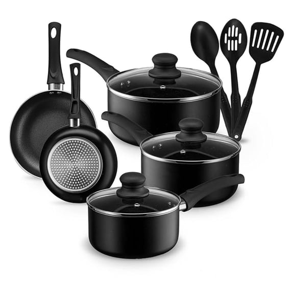 Pots and Pans Set, Aluminum Nonstick Cookware Set, Fry Pans, Casserole with Lid, Sauce Pan, and Utensils, 11 Piece Cooking Set (Black)