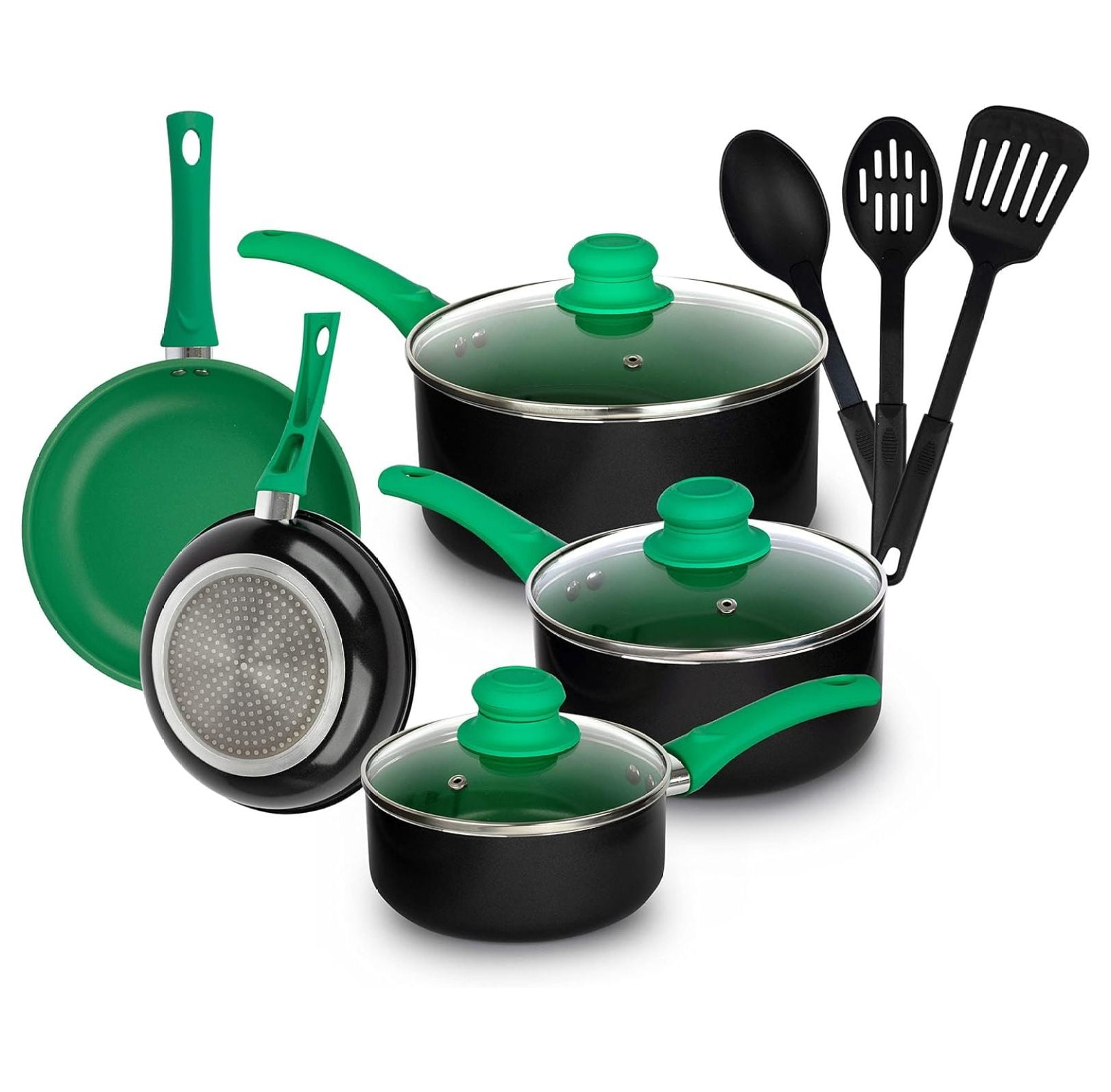 Green 11-Piece Aluminum Nonstick Cookware Set with Glass Lids