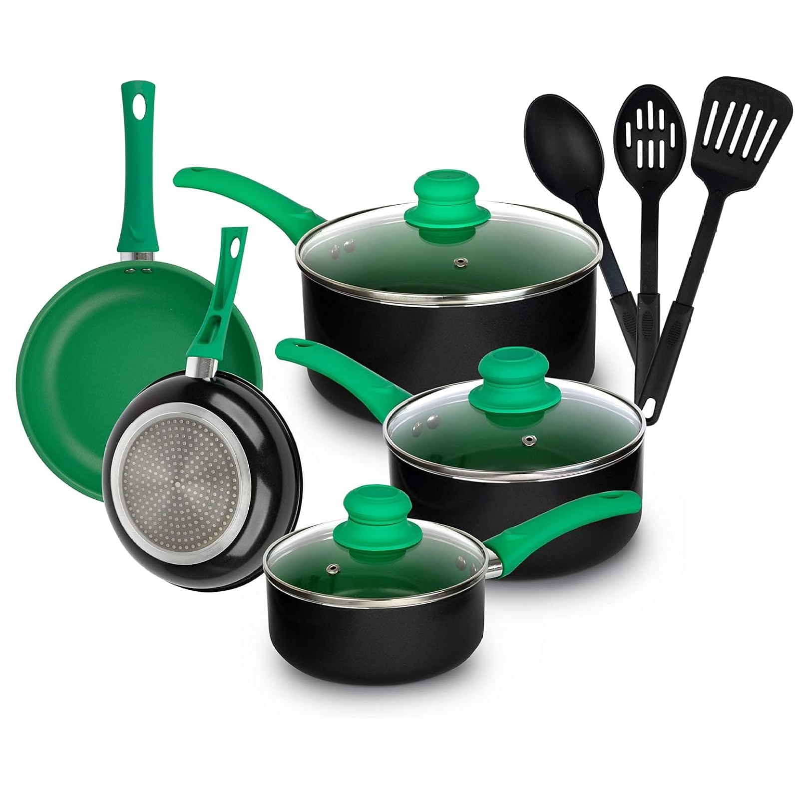 Green 11-Piece Aluminum Nonstick Cookware Set with Glass Lids