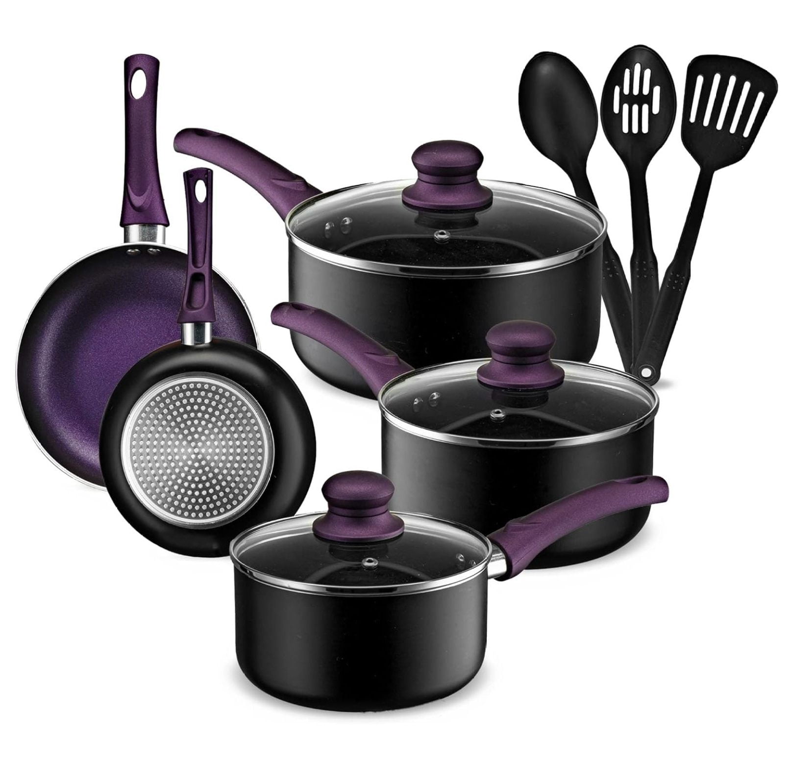 Pots and Pans Set, Aluminum Nonstick Cookware Set, Fry Pans, Casserole with Lid, Sauce Pan, and Utensils, 11 Piece Cooking Set (Purple)