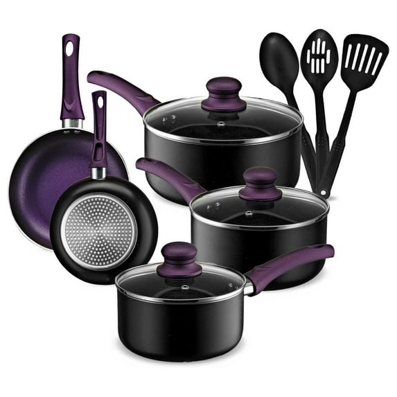 Pots and Pans Set, Aluminum Nonstick Cookware Set, Fry Pans, Casserole with Lid, Sauce Pan, and Utensils, 11 Piece Cooking Set (Purple)
