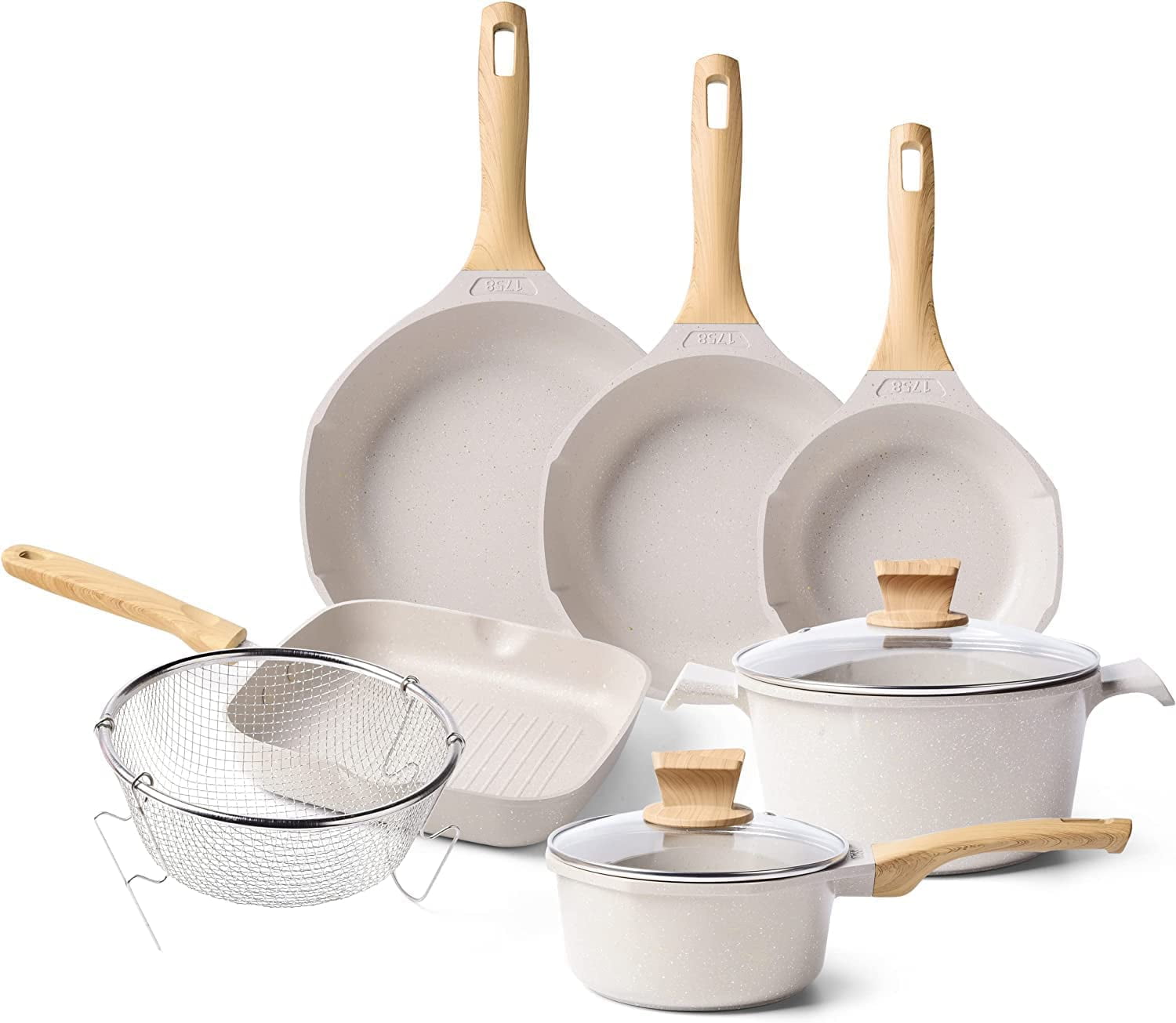 Pots and Pans Set - Ga HOMEFAVOR Kitchen Nonstick Cookware Sets ,Granite  for Frying and Cooking Marble Stone Kitchen Essentials 10 Piece Set (Beige)