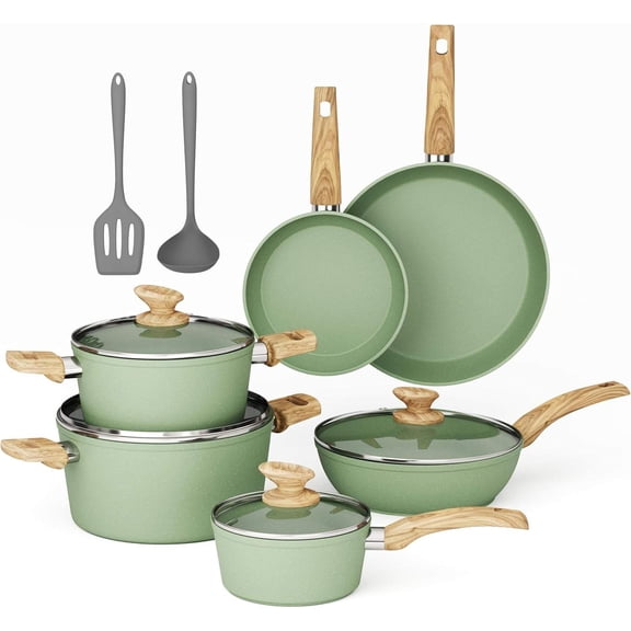 Pots and Pans Set Non Stick, 12 Piece Green Granite Kitchen Cookware Induction Compatible, Cooking Sets Pots and Pans Nonstick