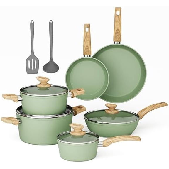 Pots and Pans Set Non Stick, 12 Piece Green Granite Kitchen Cookware Induction Compatible, Pot and Pan Sets for Cooking Nonstick
