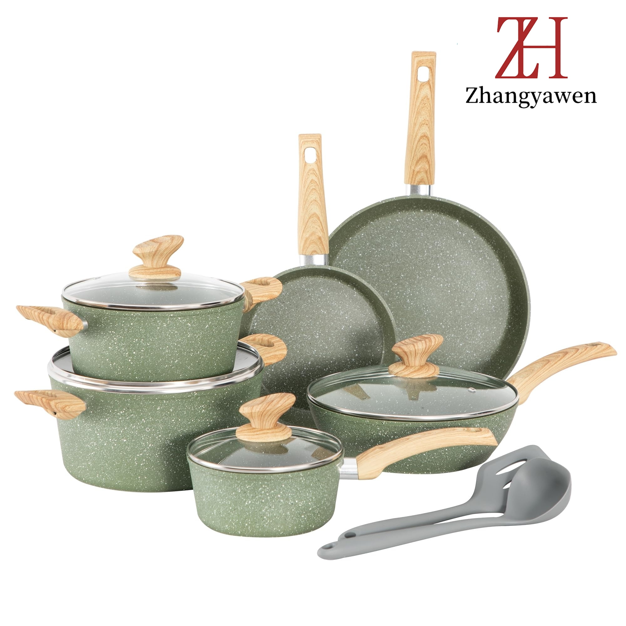 Pots and Pans Set Non Stick, 12 Piece Kitchen Cookware Sets, Green