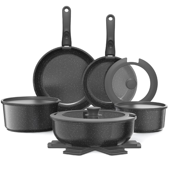 YASHE 15-Piece Nonstick Cookware Set with Detachable Handles, Stackable Granite Pots and Pans Set, Induction Compatible, Oven Safe, Space-Saving Kitchen Set for RV & Small Apartment