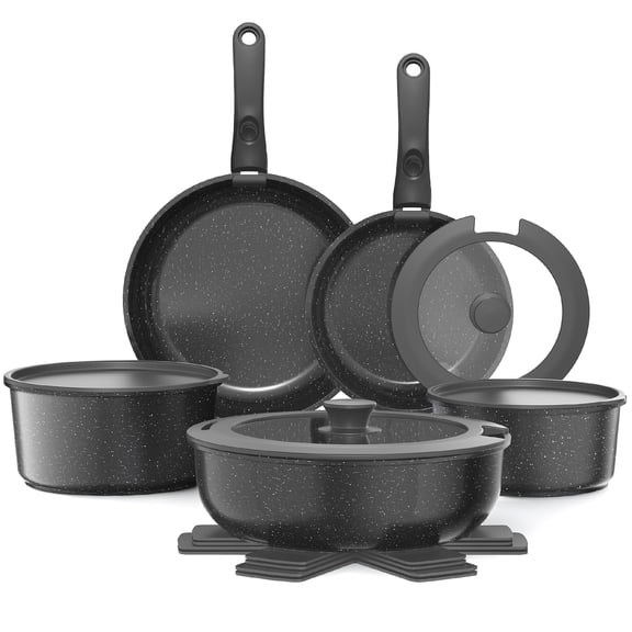 YASHE 15-Piece Nonstick Cookware Set with Detachable Handles, Stackable Granite Pots and Pans Set, Induction Compatible, Oven Safe, Space-Saving Kitchen Set for RV & Small Apartment