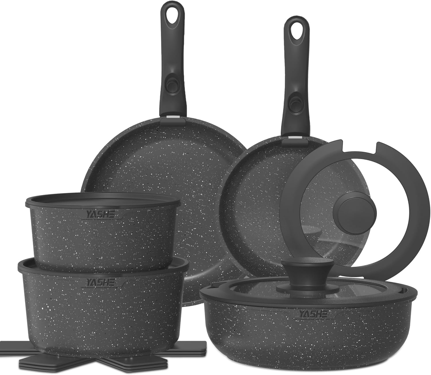 YASHE 15Pcs Pots and Pans Set Non Stick, Cookware Sets with Detachable Handle, Nonstick RV Kitchen Cooking Tools Removable Handles, Oven Safe, Induction Fast, Stackable Induction Cookware